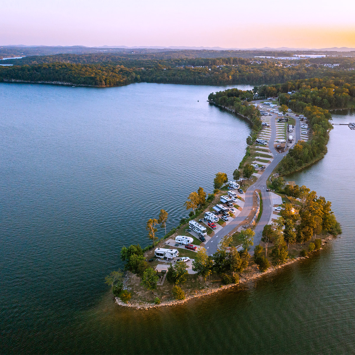Aerial view of Elm Hill RV Resort on Percy Priest Lake