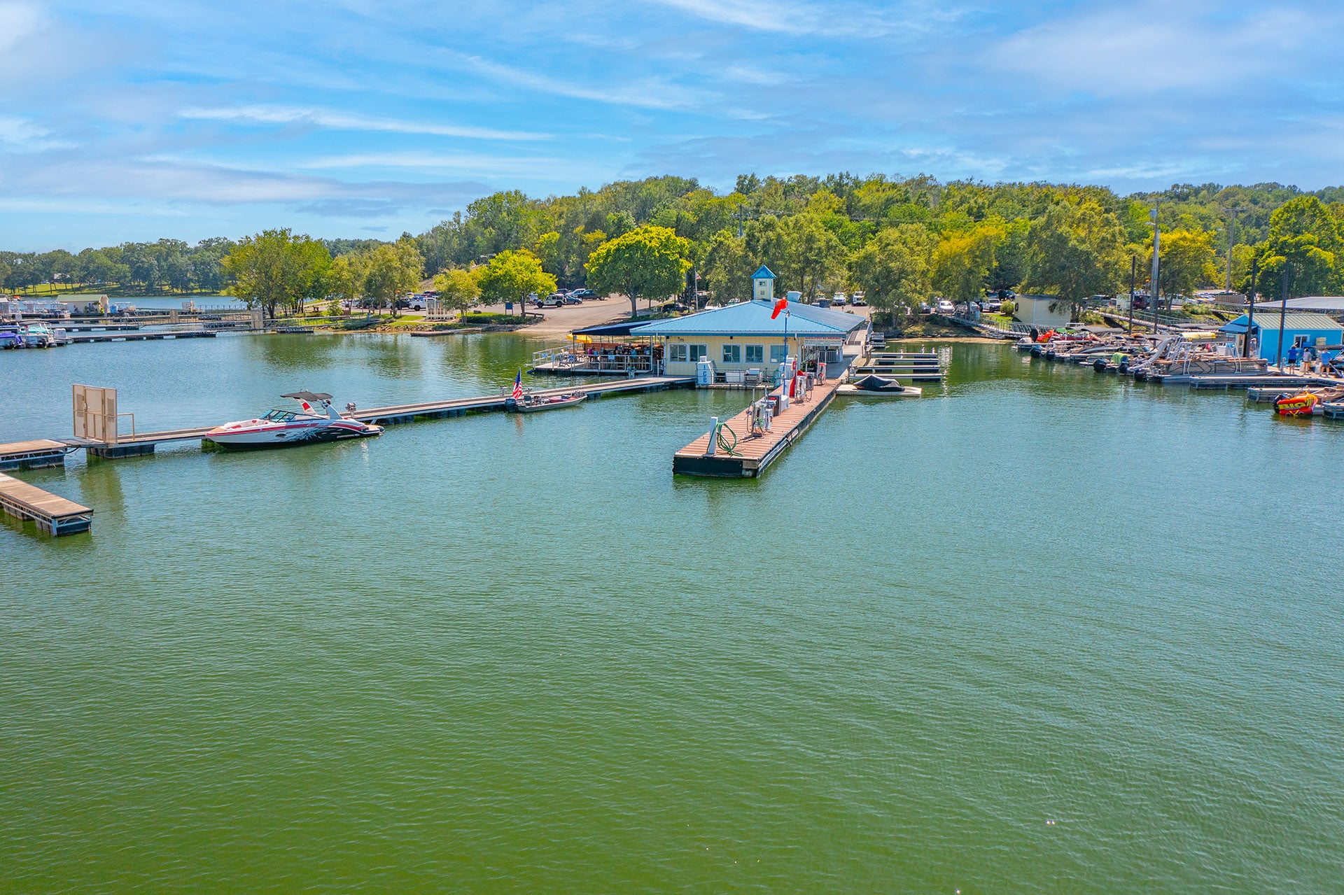 Aerial view of Elm Hill Marina amenities on Percy Priest Lake